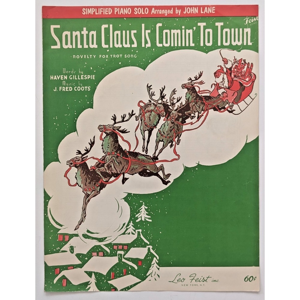 Vintage 1962 Santa Claus Is Comin' to Town Sheet Music Piano Solo Christmas Art